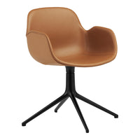 Brown faux leather armchair with a sleek black metal base, featuring a smooth, modern design.