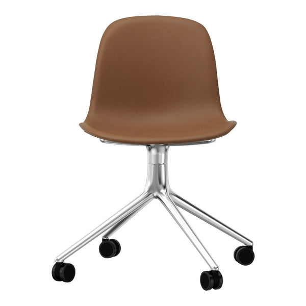 Brown molded chair with a sleek chrome base and five black rolling wheels. Modern design for stylish spaces.