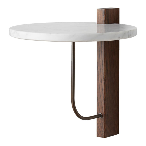 Round white marble top with dark wood base and sleek metal support in a modern design. Perfect for minimalist decor.
