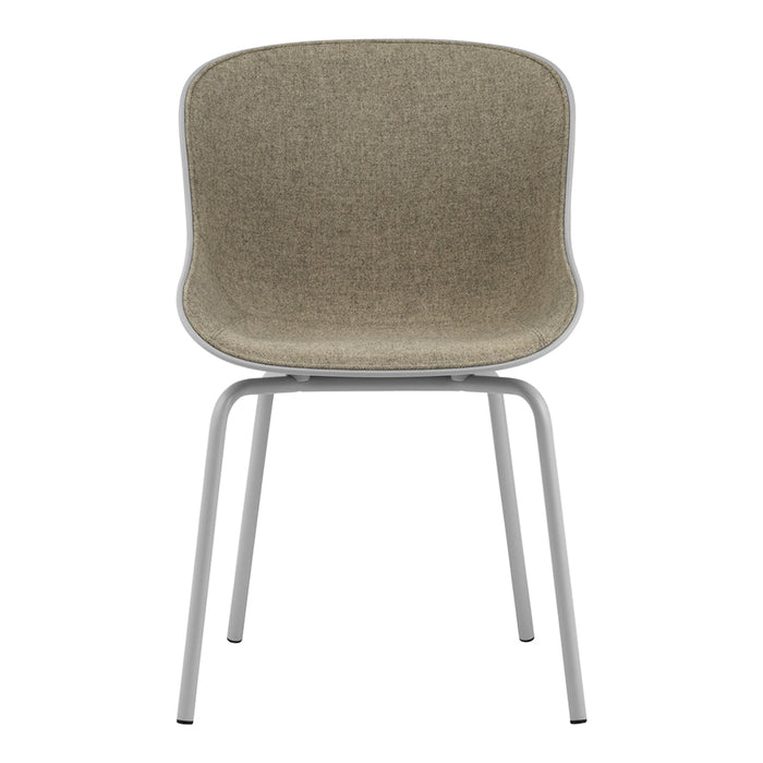 Gray upholstered chair with a simple, modern design and a light gray metal frame. Clean lines and minimalist style.