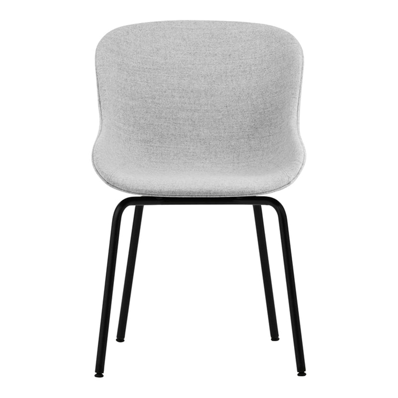 Gray upholstered chair with a smooth texture and sleek black metal legs, offering a modern and minimalist design.