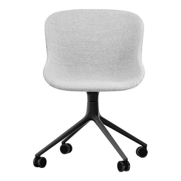 Light gray fabric office chair with a smooth, curved design and a sleek black wheeled base.