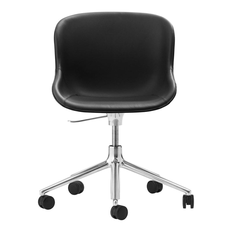 Black ergonomic office chair with a smooth finish and a sleek chrome base on rolling casters.