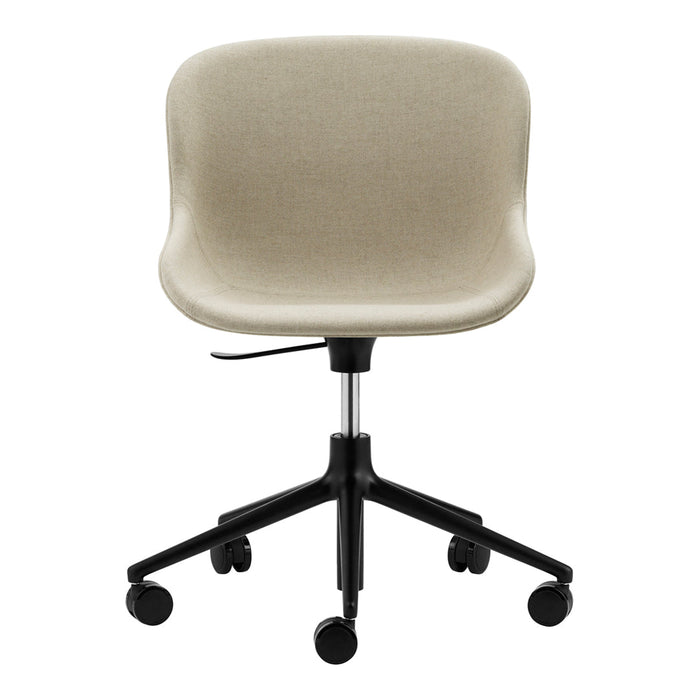 Beige fabric office chair with smooth, rounded design and black rolling base. Minimalist style for any workspace.