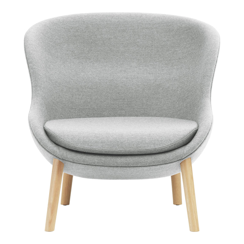 Light gray upholstered chair with a smooth, minimalist design and natural wood legs. Modern and elegant home decor.