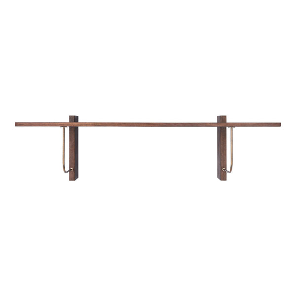 Wooden wall shelf in a rich brown finish with minimalistic metal brackets, showcasing a sleek, modern design.