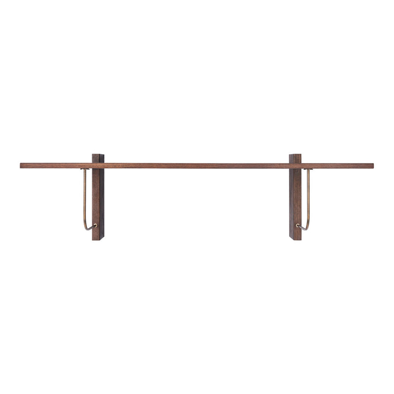 Wooden wall shelf in a rich brown finish with minimalistic metal brackets, showcasing a sleek, modern design.