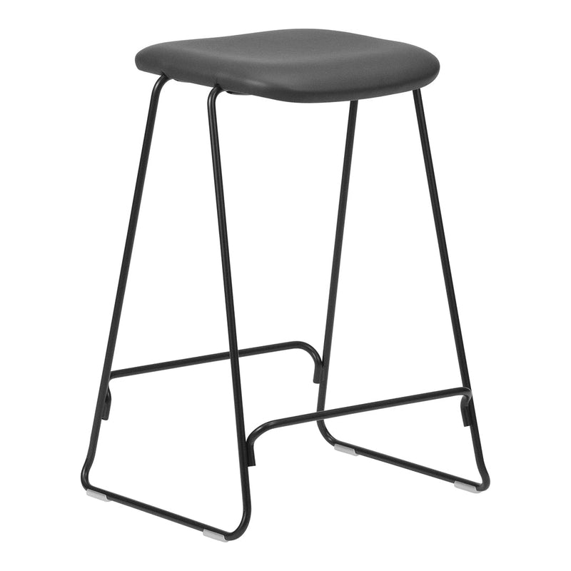 Black metal bar stool with a sleek, minimalist design and a smooth gray seat. Perfect for contemporary spaces.
