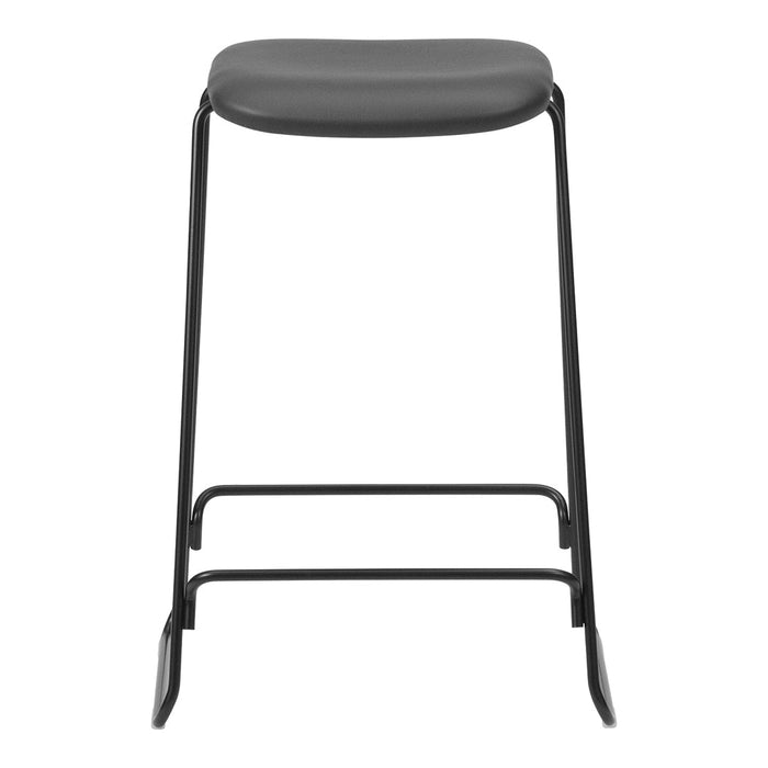 Gray padded seat on a sleek black metal frame, creating a modern minimalist look. Perfect for contemporary spaces.