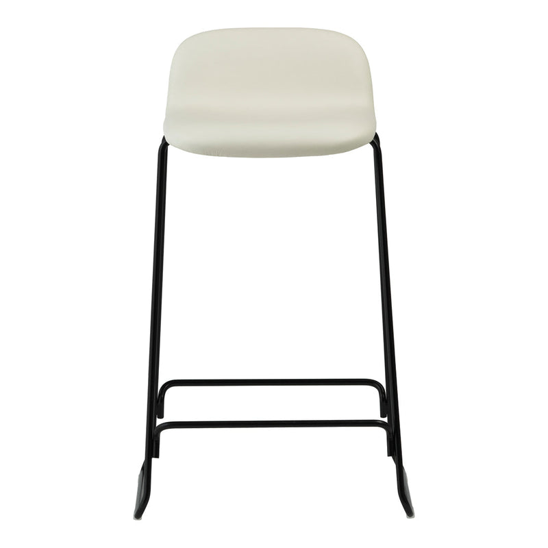 White padded stool with a sleek black metal frame, perfect for modern interiors. 