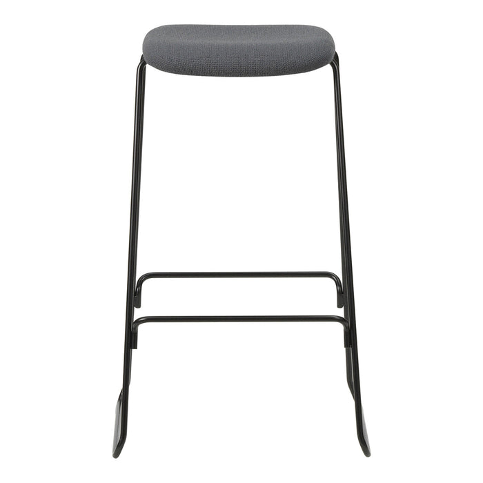 Gray upholstered bar stool with a sleek black metal frame and minimalist design.