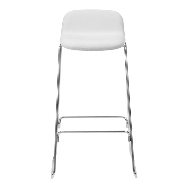 White bar stool with a smooth finish and sleek, chrome legs, perfect for modern interiors.