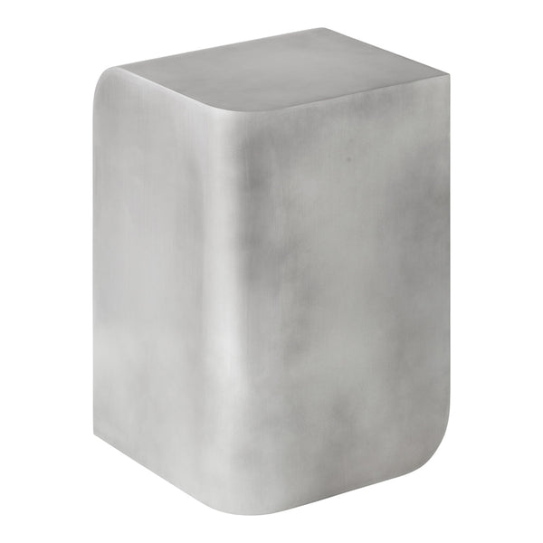 Sleek, polished silver metal stool with a contemporary rounded edge design and smooth surface texture.