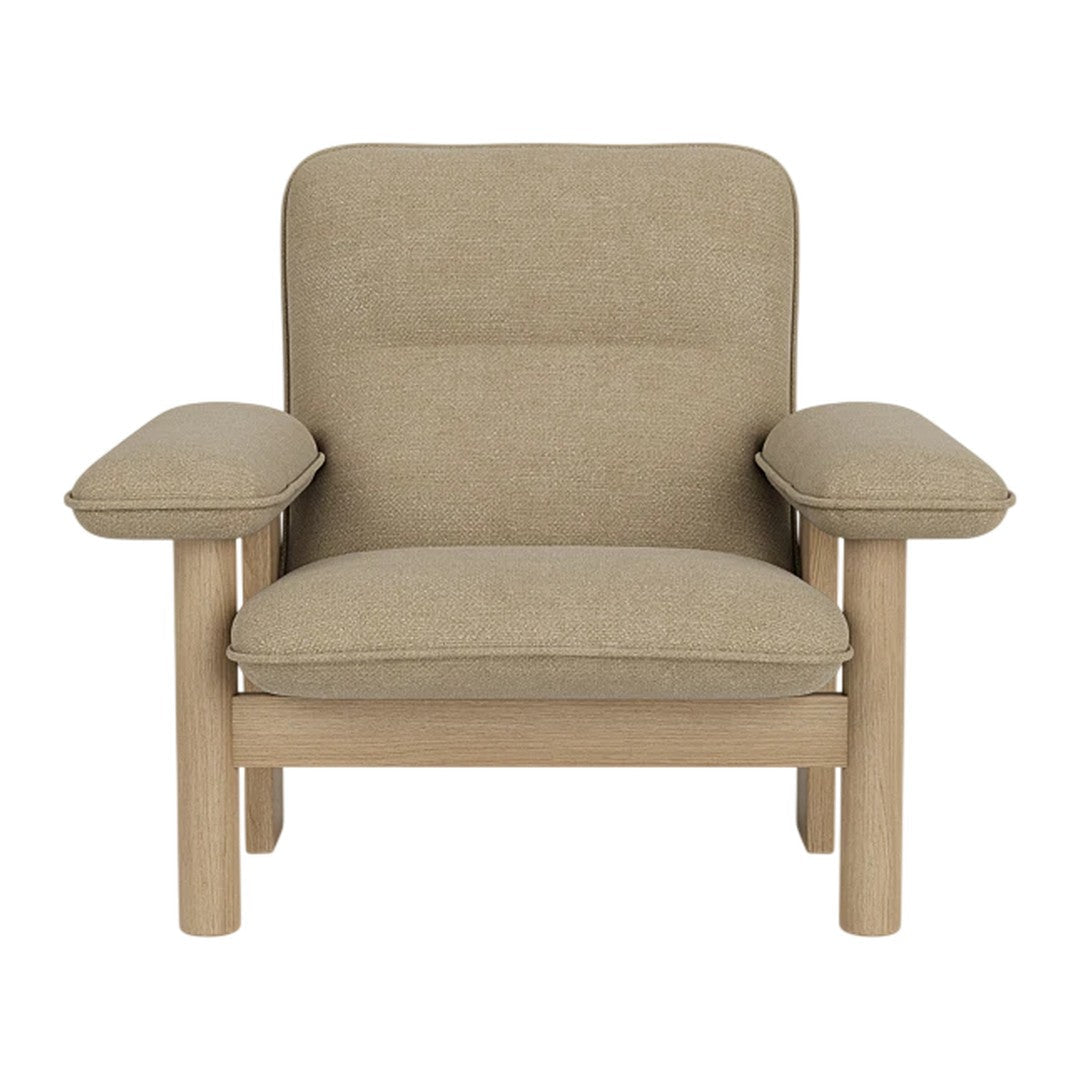 Beige upholstered chair with cream accents and a minimalist wooden frame, featuring a simple, solid design.