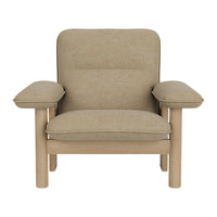 Beige upholstered chair with cream accents and a minimalist wooden frame, featuring a simple, solid design.