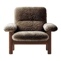 Brown plush armchair with soft, textured upholstery and minimalist wooden frame. Cozy and stylish design.