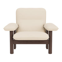 Cream-colored upholstery with a smooth texture, combined with dark wooden legs and arms for a modern look.