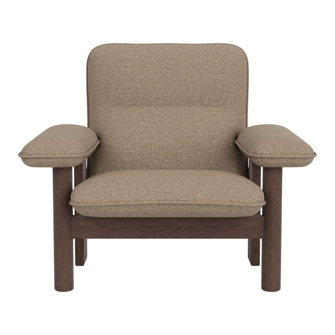 Brown fabric armchair with a textured pattern, featuring a wood frame in a dark brown finish. Simple and modern design.