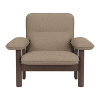 Brown fabric armchair with a textured pattern, featuring a wood frame in a dark brown finish. Simple and modern design.