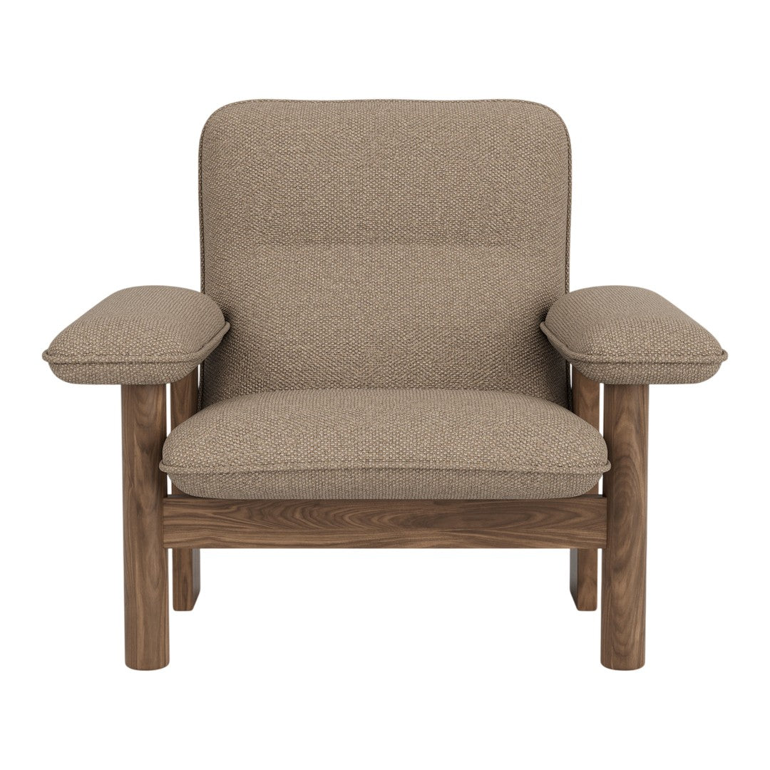Brown fabric armchair with a clean, modern design and simple wooden frame, showcasing a textured surface and subtle pattern.