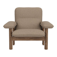 Brown fabric armchair with a clean, modern design and simple wooden frame, showcasing a textured surface and subtle pattern.
