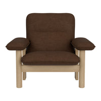Brown upholstered chair with minimalist design and light wooden arms, perfect for modern interiors.