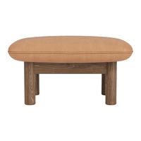 Brown leather ottoman with a rounded cushion atop wooden legs, offering a modern, minimalist design.