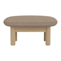 Brown upholstered ottoman with a smooth, rounded top and light wooden legs, featuring a minimalist design.