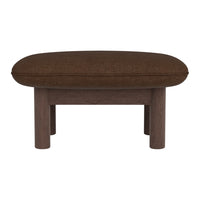 Brown upholstered ottoman with a rounded top and wooden legs, featuring a sleek, modern design.