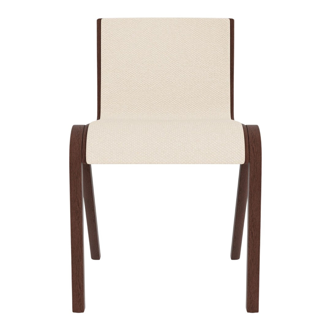 Beige upholstered chair with dark wood legs, featuring a simple, minimalist design. Ideal for modern decor.