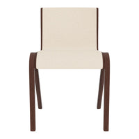 Beige upholstered chair with dark wood legs, featuring a simple, minimalist design. Ideal for modern decor.