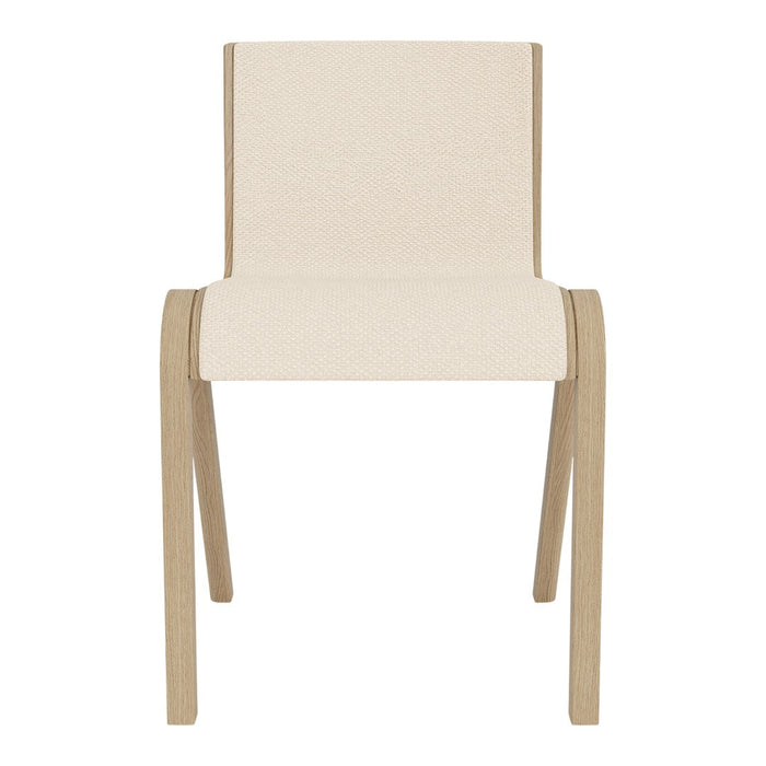 Minimalist beige dining chair with natural wood legs and clean lines, perfect for modern interiors.