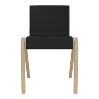 Black upholstered chair with a minimalist design and natural wood legs. Simple and modern aesthetic.
