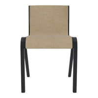 Neutral beige fabric chair with sleek black legs, perfect for modern decor. Simple, minimalist design and color.