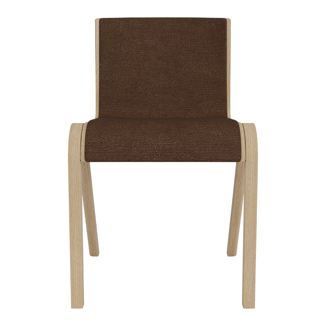 Simple brown upholstered chair with light wood legs, featuring a minimalistic design. Perfect for modern decor.