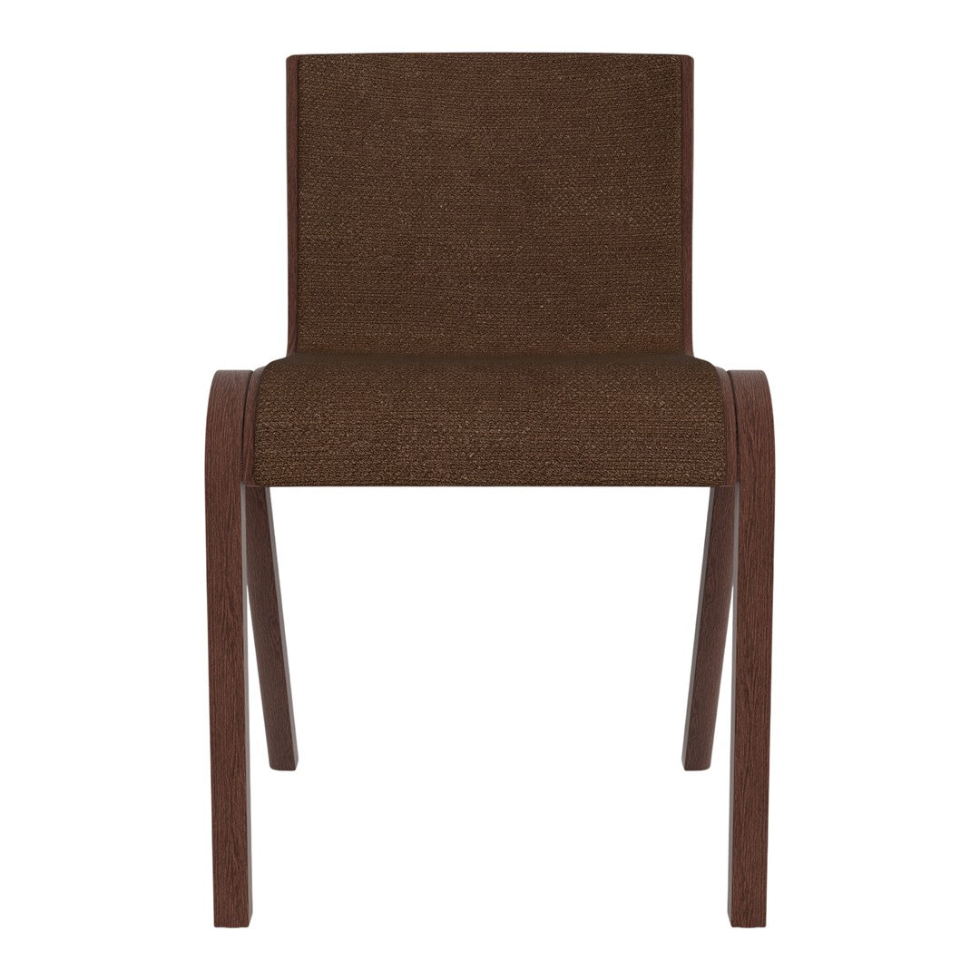 Brown upholstered chair with a smooth texture and wooden legs, offering a sleek, minimalist design.