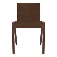 Brown upholstered chair with a smooth texture and wooden legs, offering a sleek, minimalist design.