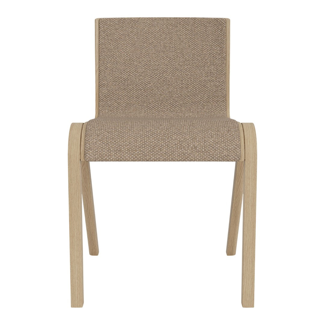 Beige upholstered dining chair with a textured fabric and light wooden legs for a modern, minimalist look.