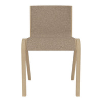 Beige upholstered dining chair with a textured fabric and light wooden legs for a modern, minimalist look.