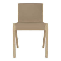Tan upholstered chair with light wood legs, featuring a simple, modern design and smooth, clean lines.