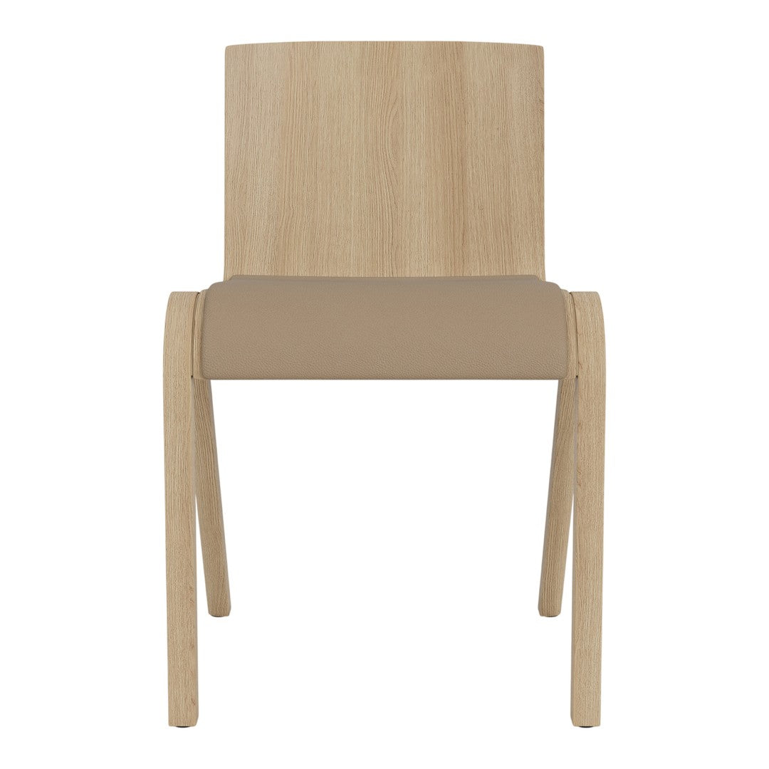 Natural wood finish with a smooth beige seat, featuring a minimalist design and clean lines.