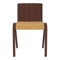 Brown wooden chair with a smooth yellow seat, featuring a minimalist design and clean lines.