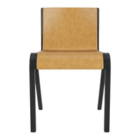 Tan faux leather chair with sleek black metal frame, featuring a minimalist design and modern aesthetic.