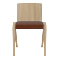 Natural wood finish chair with a smooth brown leather seat and minimalist design. Perfect for modern decor.