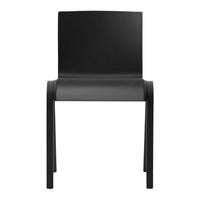 Sleek black dining chair with a minimalist design and smooth finish, perfect for modern decor.