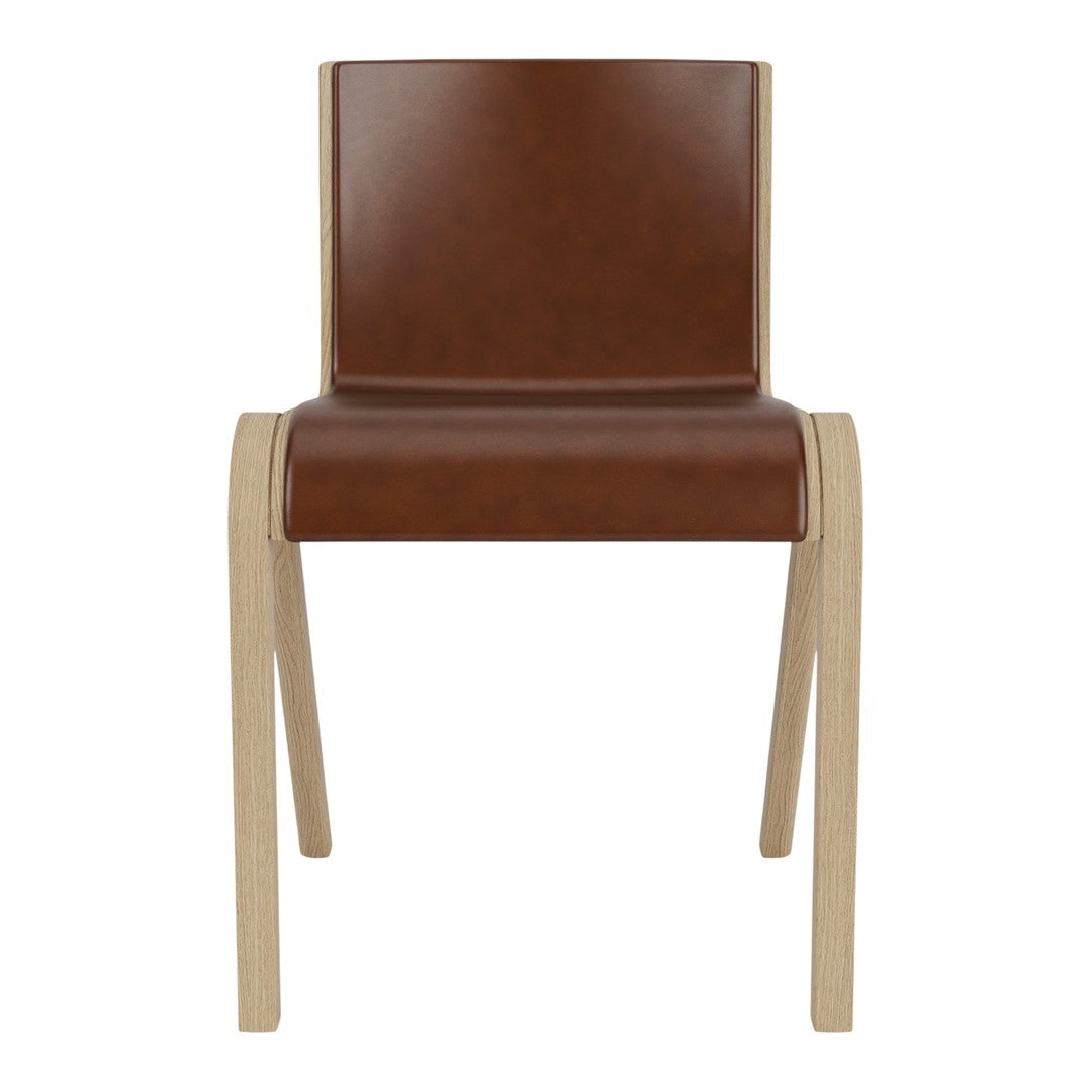 Brown faux leather chair with a minimalist design and light wood legs, creating a modern and elegant look.