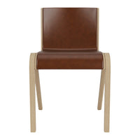 Brown faux leather chair with a minimalist design and light wood legs, creating a modern and elegant look.