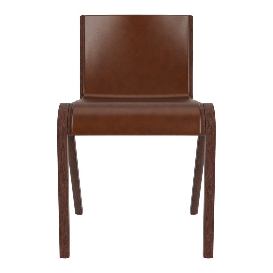 Brown leather chair with sleek lines and minimalistic design, featuring a smooth texture and rich, warm color.