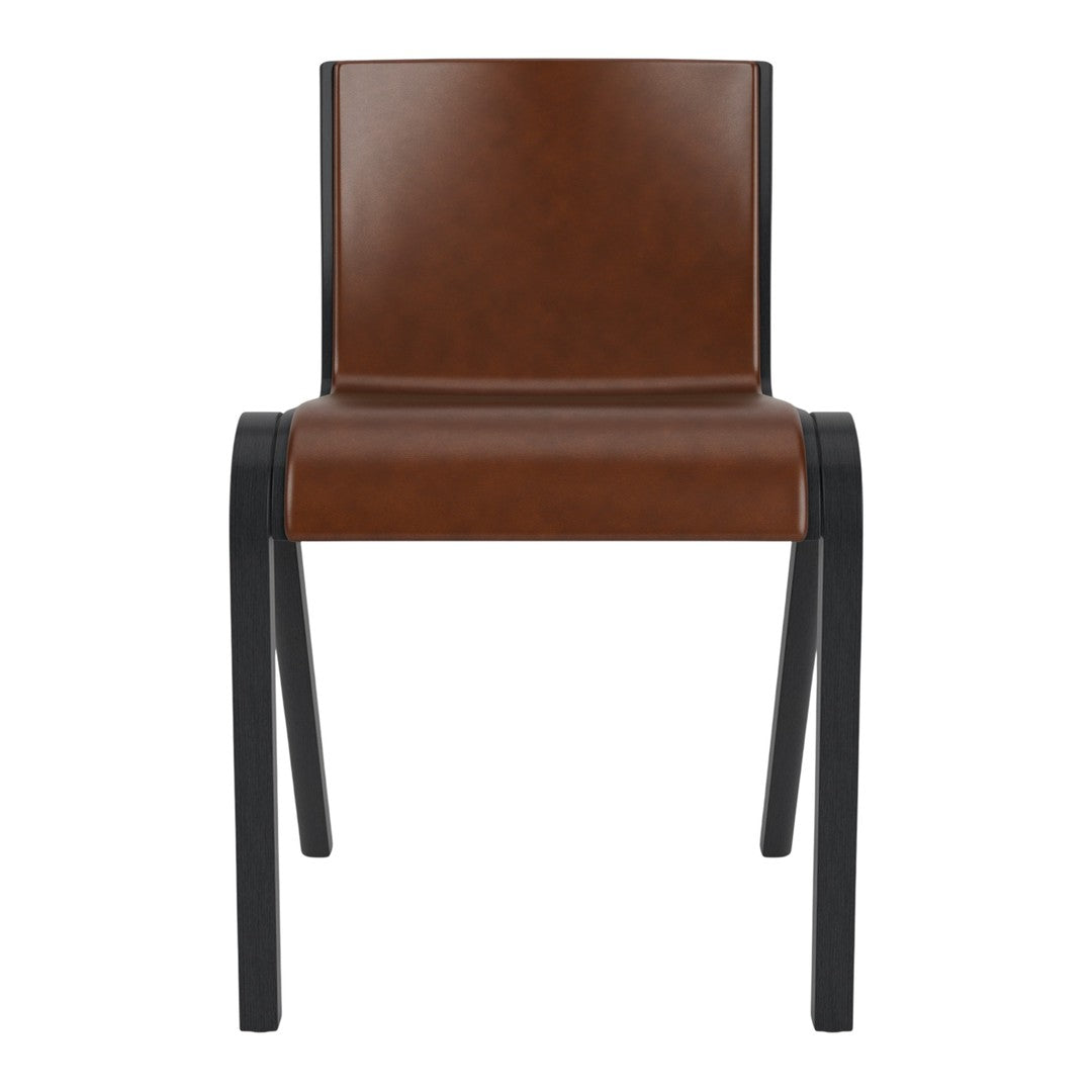 Brown leather dining chair with a sleek black metal frame, featuring a minimalist design and smooth surfaces.