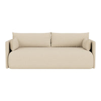 Beige sofa with smooth fabric and minimalist design, featuring two plush back cushions and rounded arms.